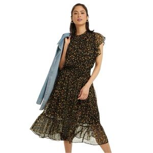 Draper James Black Midi Dress with Yellow & Orange Floral Print